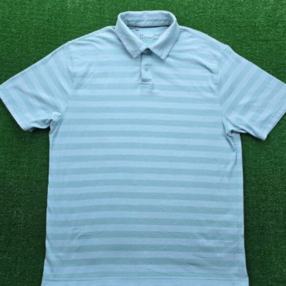 Under Armour Polo Shirt Mens Large Teal Striped Short Sleeve Performance Golf - Picture 1 of 3